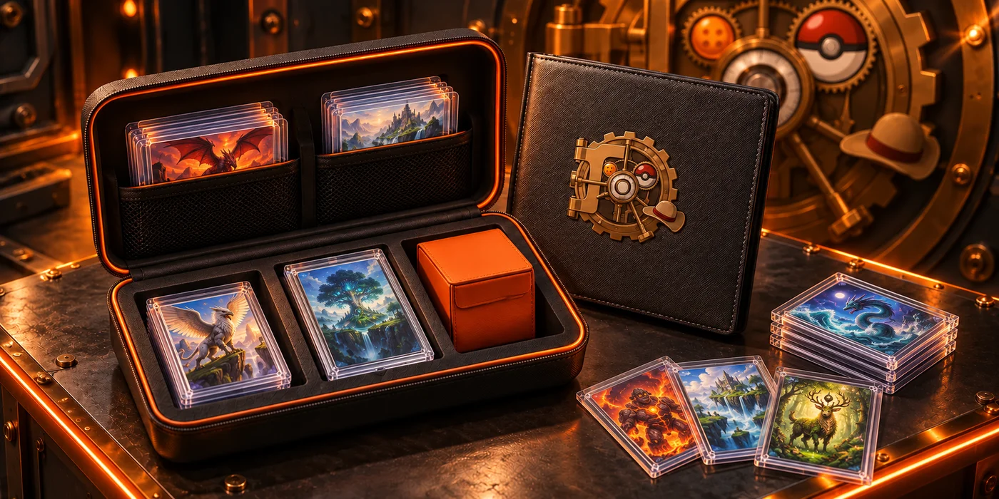 Illustrated collectible cards in protectors beside a Tradewinds Vault branded binder and carrying case