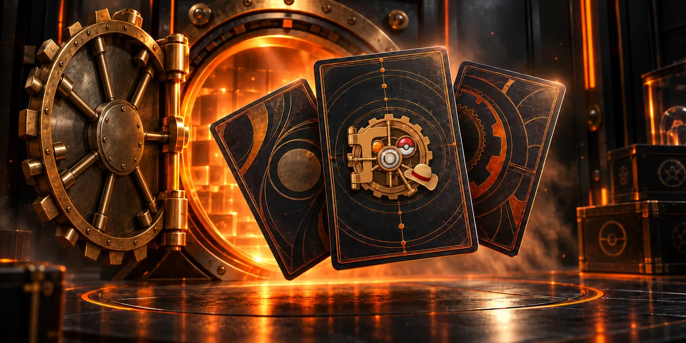 Tradewinds Vault emblem on collectible card backs emerging from an illuminated vault