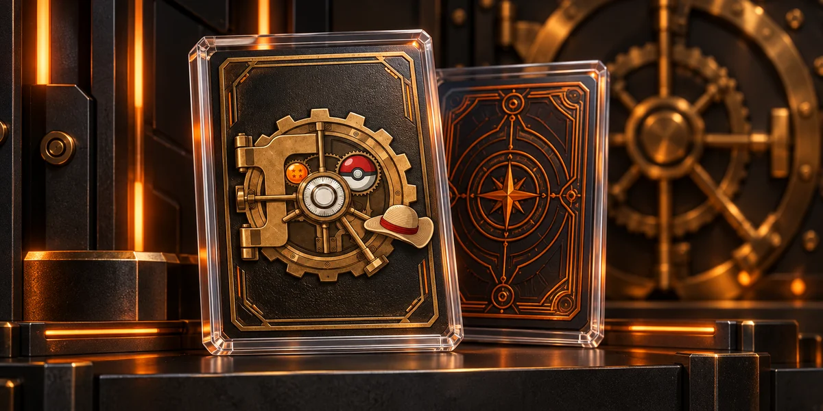 Branded collectible card backs in protectors inside an orange-lit Tradewinds Vault
